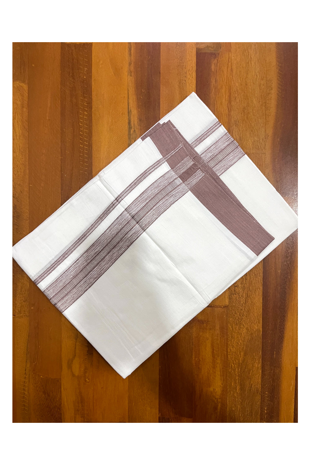 Pure White Cotton Double Mundu with Brown Border (South Indian Kerala Dhoti)