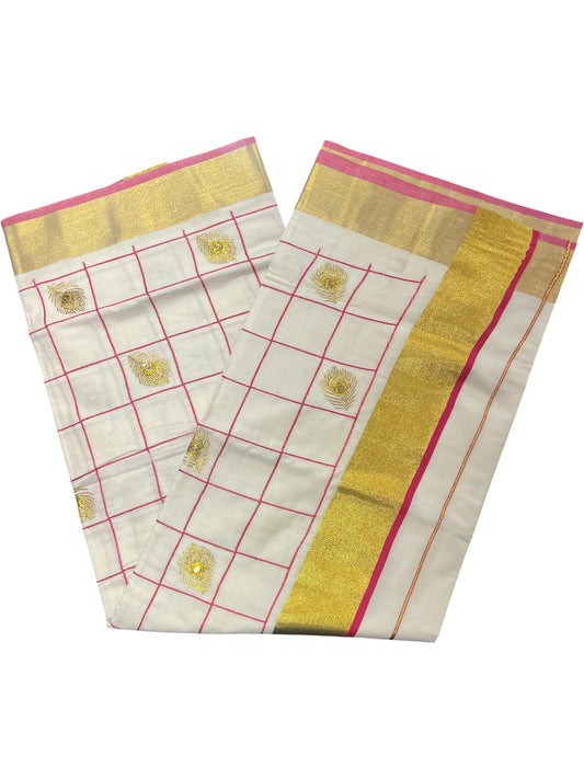 Southloom Kerala Cotton Saree with Pink and Golden Peacock feather Embroidery Works