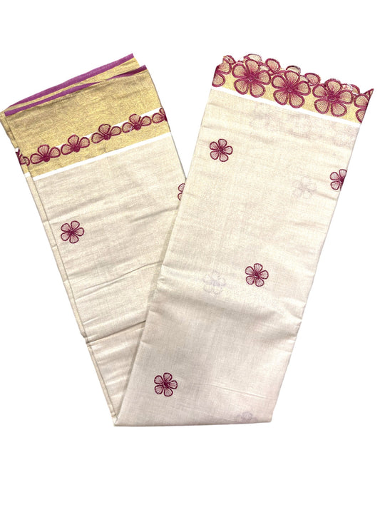 Southloom Kerala Tissue Kasavu Saree with Magenta Floral Embroidery on Body and Border
