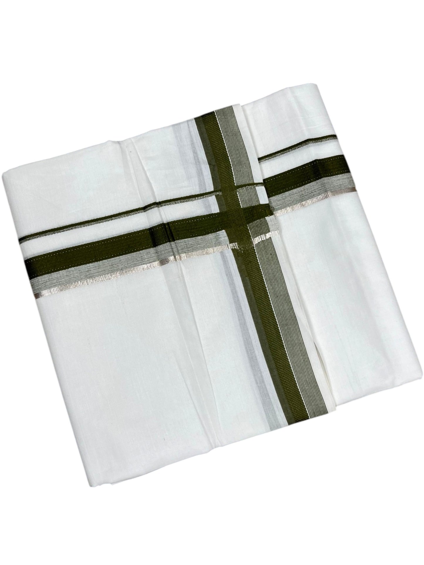 Southloom Pure White Cotton Mundu with Silver Line & Olive Green Border (South Indian Kerala Dhoti)