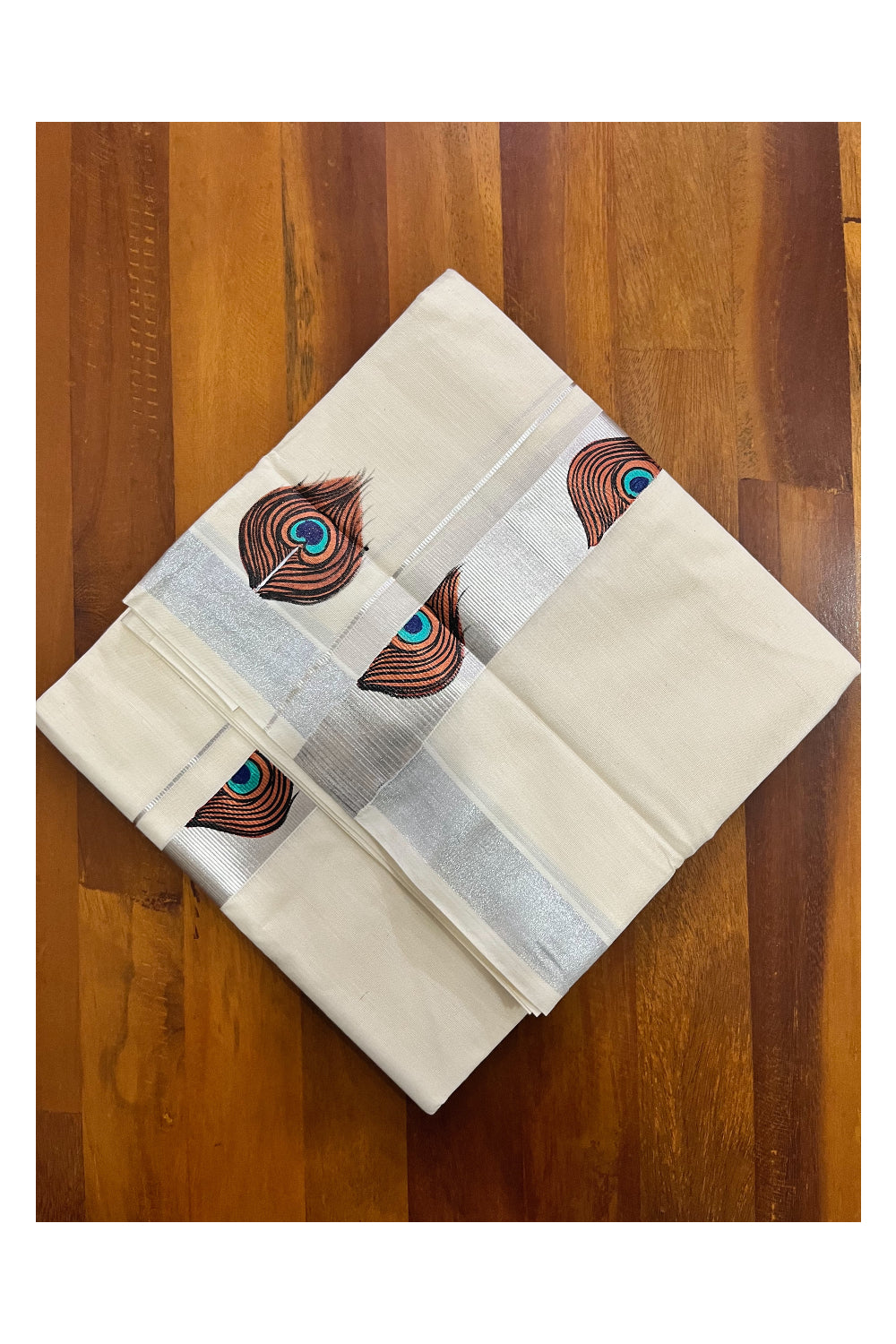 Pure Cotton Kerala Double Mundu with Silver Kasavu Hand Painted Design Border (South Indian Kerala Dhoti)