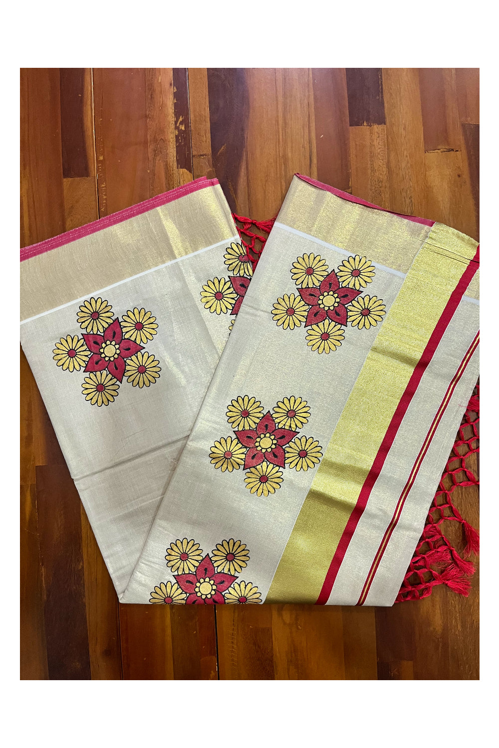 Kerala Tissue Kasavu Saree with Mural Floral Printed Design and Red Border