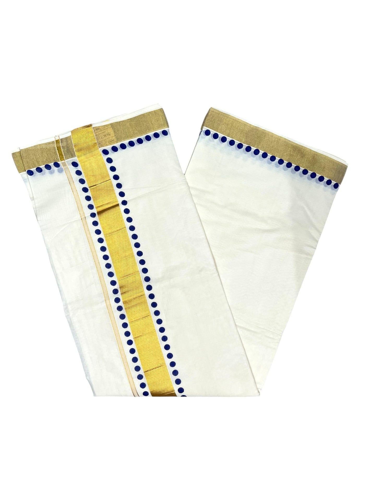 Southloom Cotton Kerala Kasavu Saree with Blue Polk Dots Design Border