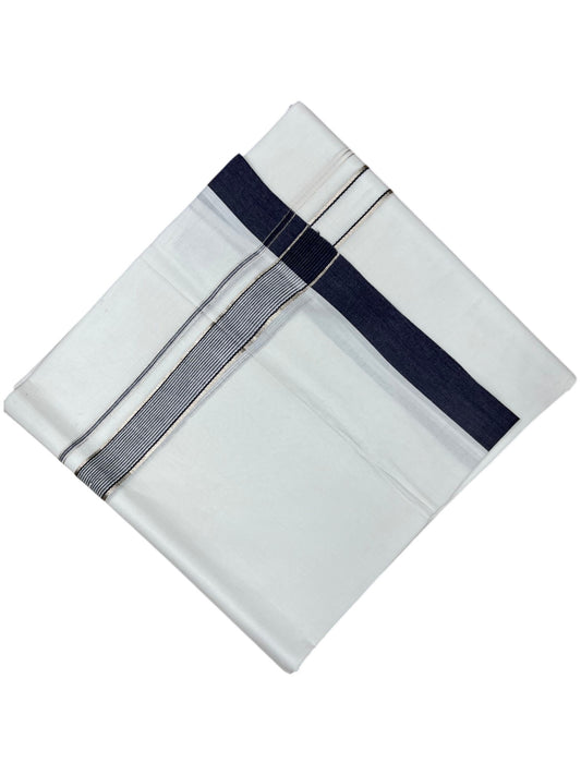 Southloom Pure White Cotton Double Mundu with Silver Lines and Blue Border (South Indian Dhoti)
