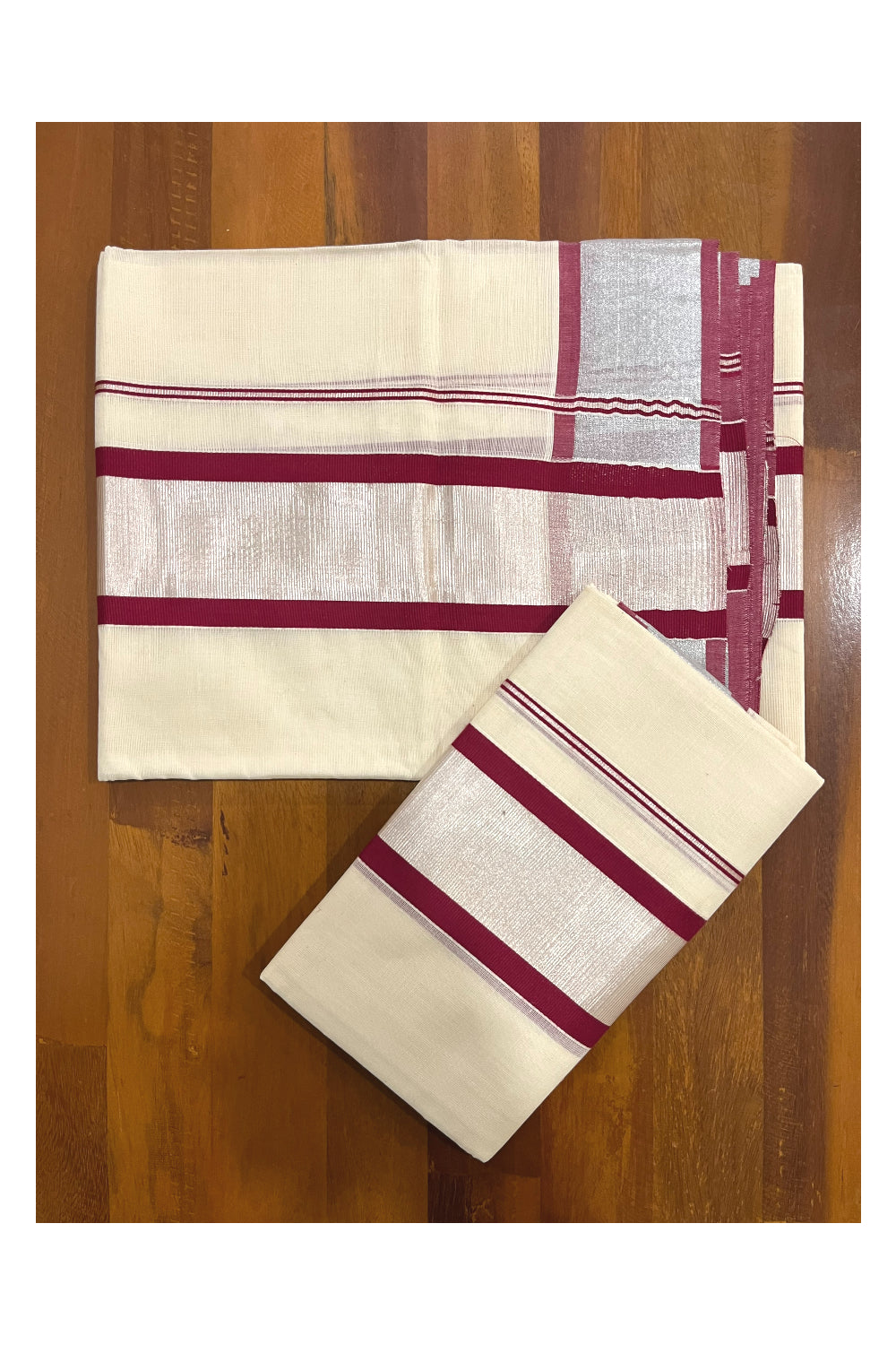 Kerala Cotton Mundum Neriyathum Single (Set Mundu) with Silver Kasavu and Maroon Border 2.80 Mtrs