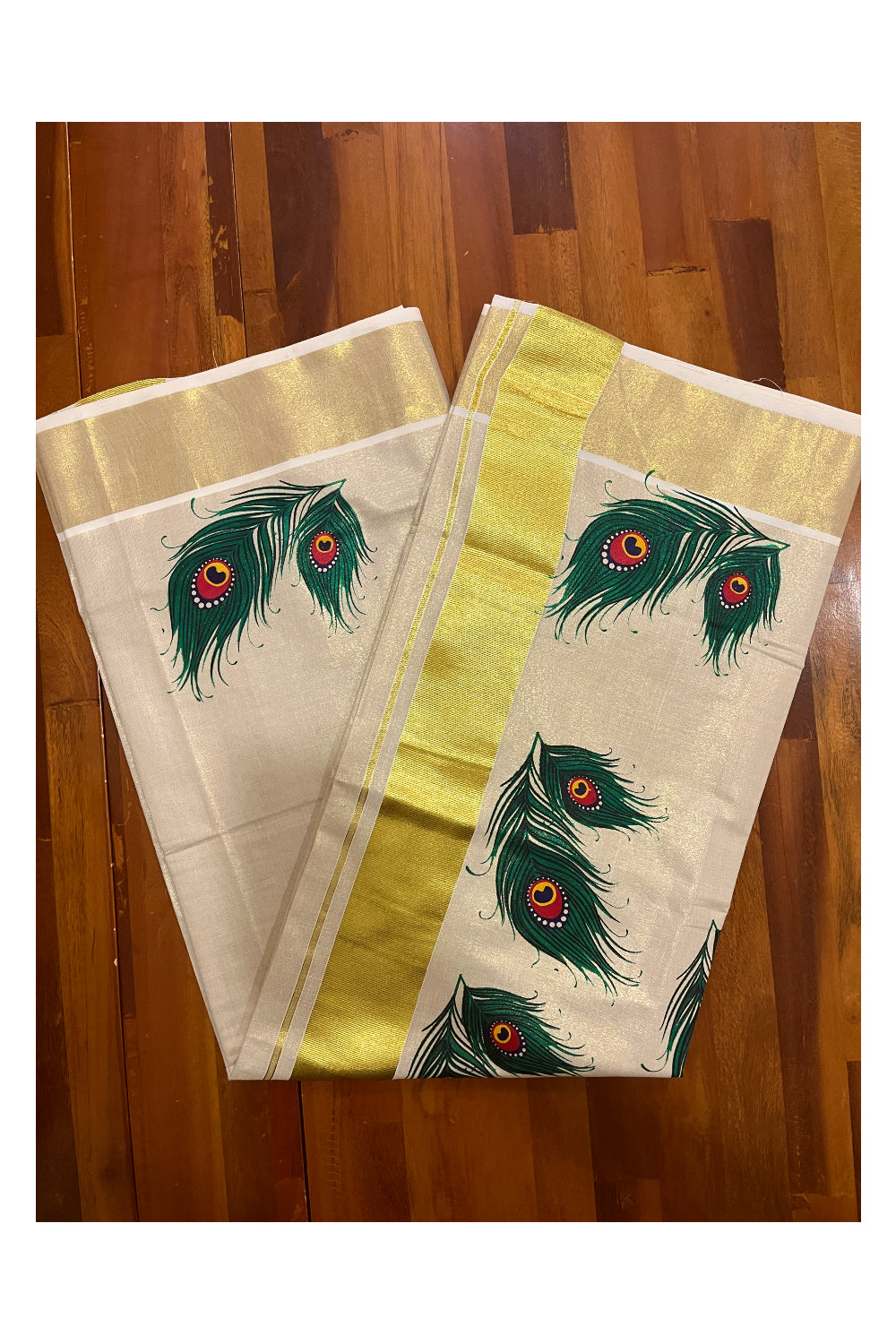 Kerala Tissue Kasavu Saree with Feather Mural Prints on Border and Pallu