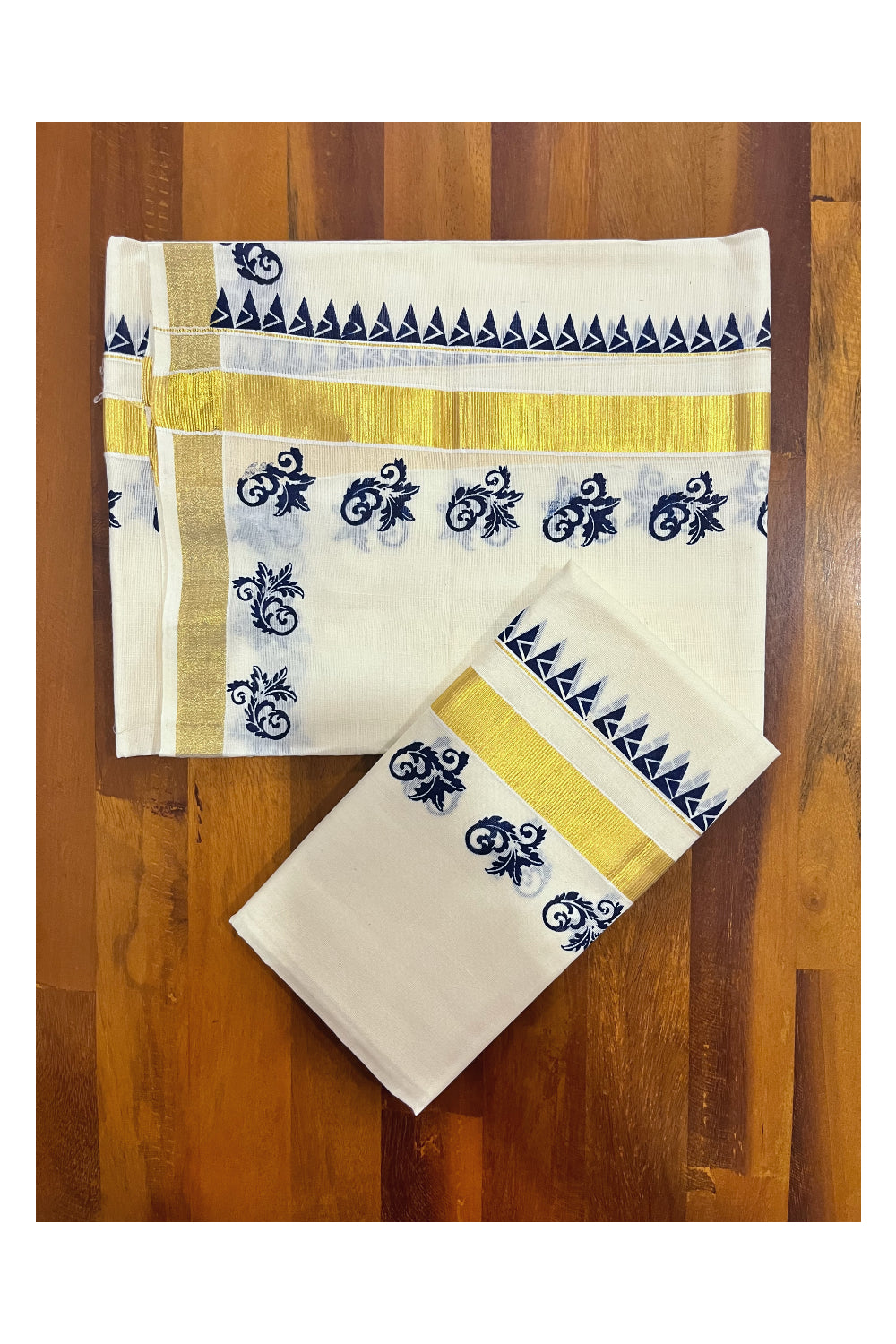 Kerala Pure Cotton Kasavu Set Mundu Single (Mundum Neriyathum) with Blue Block Prints and Temple Border 2.80 Mtrs