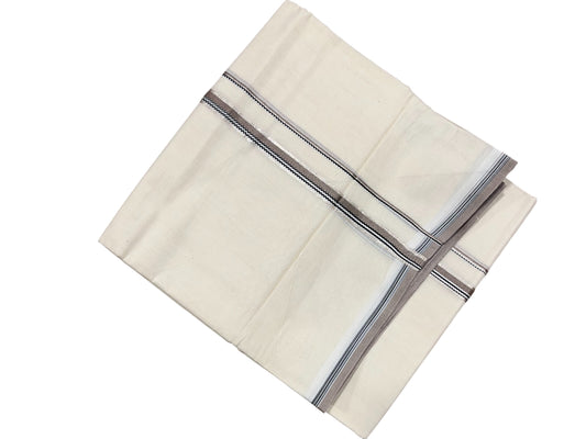 Southloom Pure Cotton Mundu with silver and Gray Border (South Indian Kerala Dhoti)