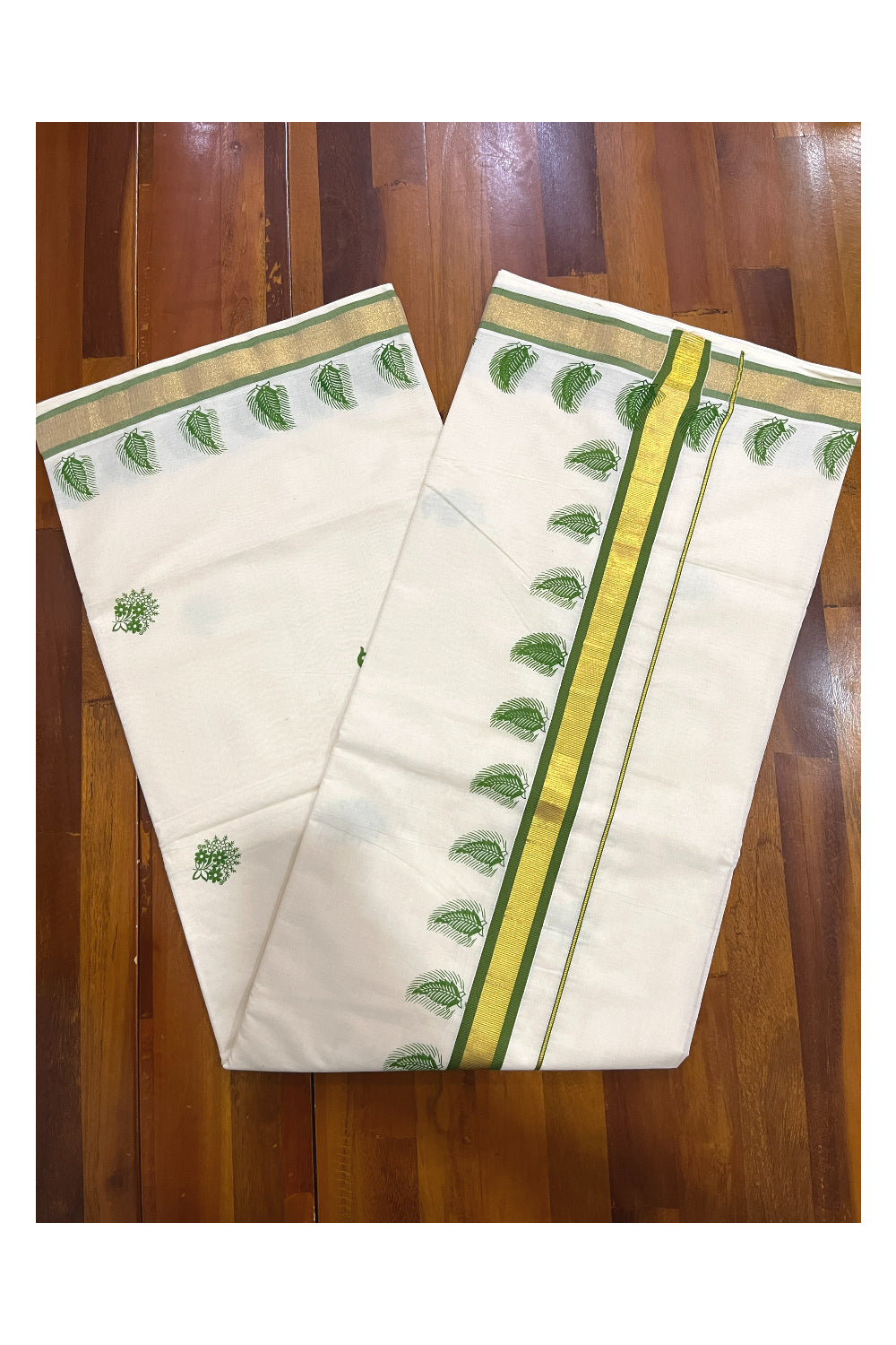 Pure Cotton Kerala Kasavu Saree with Green Floral Block Printed Design