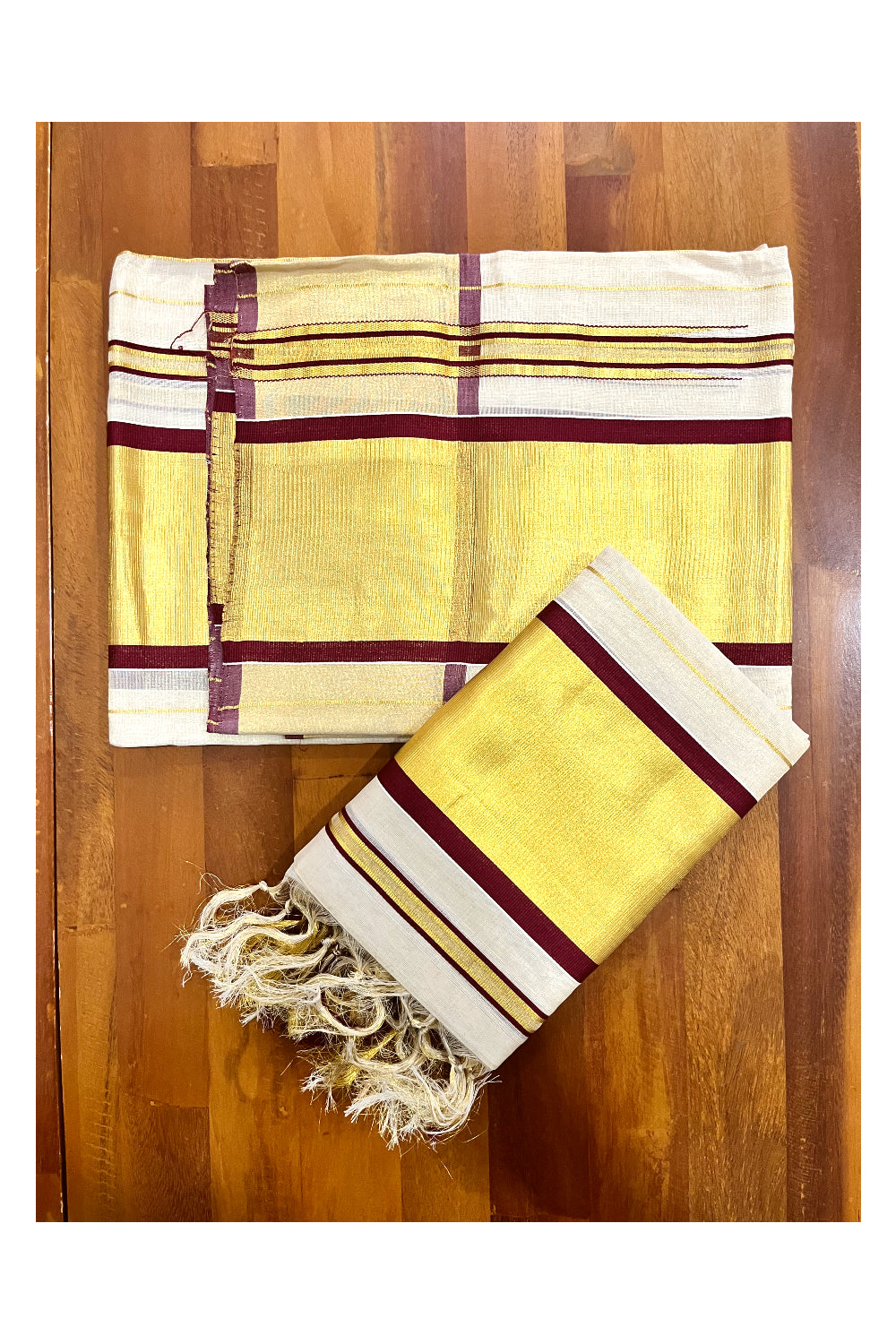 Southloom Handloom Premium Tissue Kasavu Set Mundu (Mundum Neriyathum) with Maroon Border