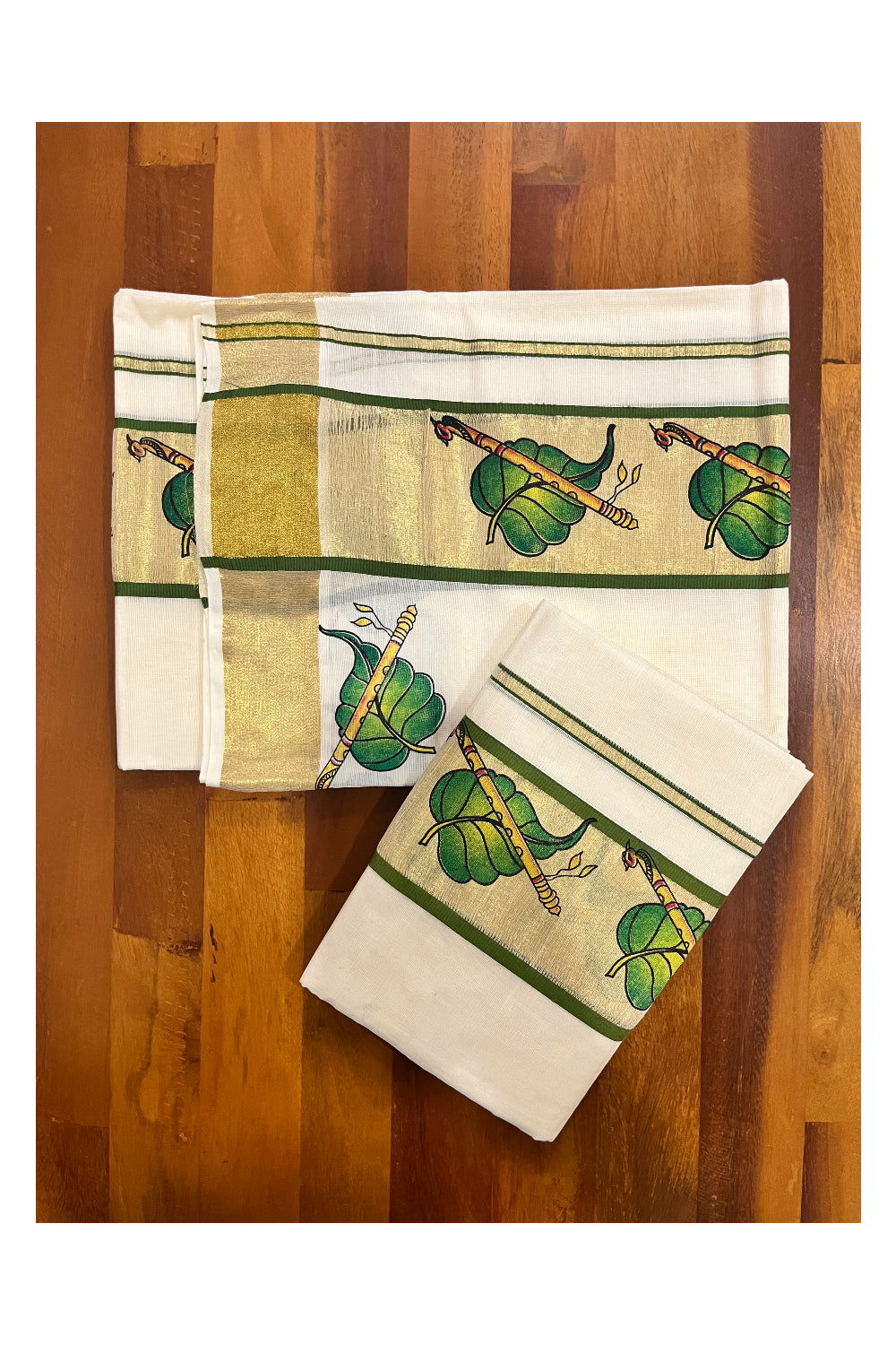 Kerala Cotton Single Set Mundu (Mundum Neriyathum) with Leaf and Flute Block Prints on Kasavu Olive Green Border