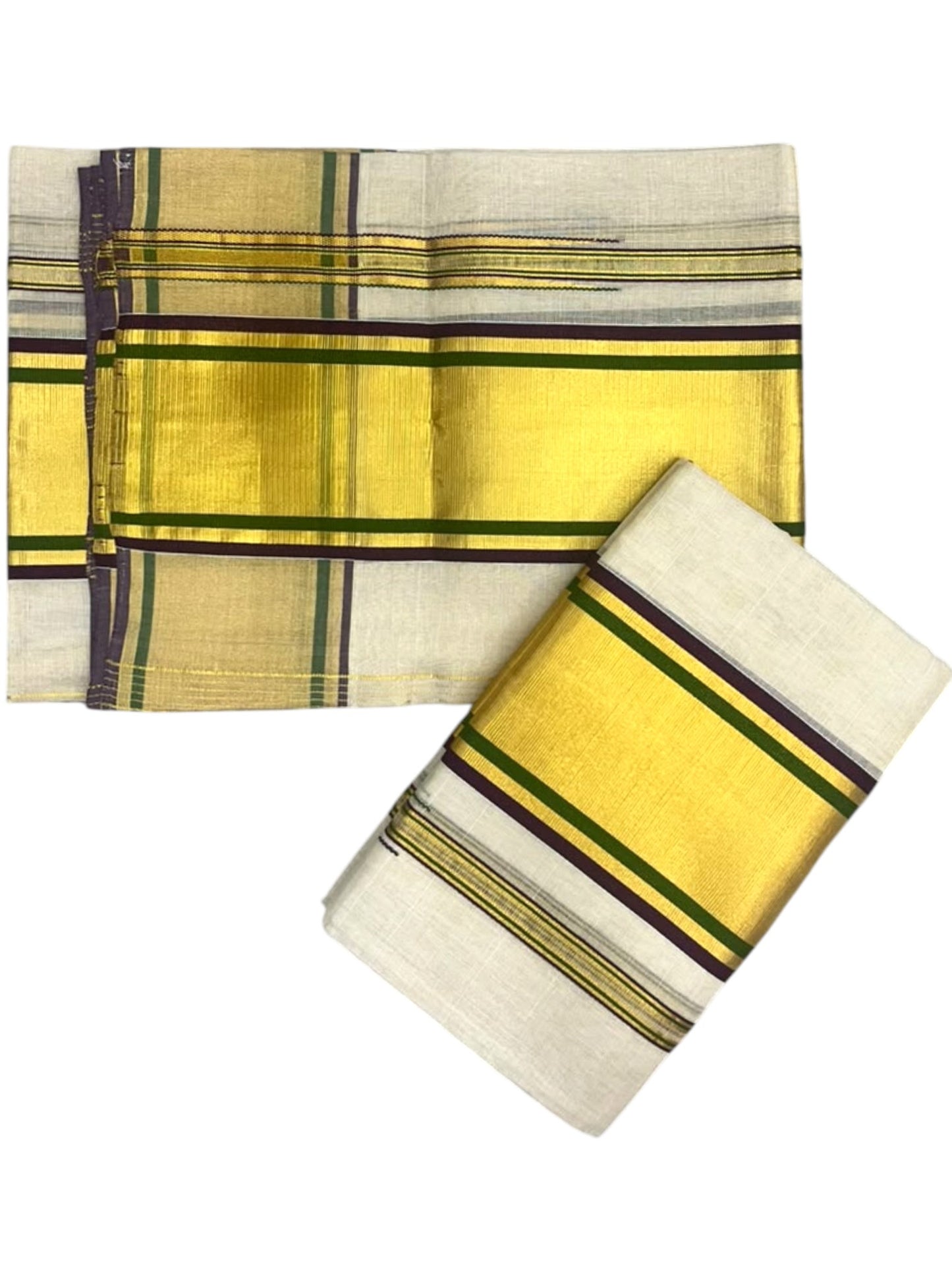 Southloom Premium Tissue Strips Handloom Set Mundu with Purple & Green Lines And Kasavu Border (2.80 Mtr) SL632