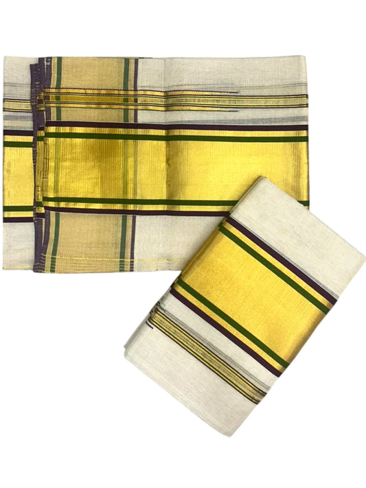 Southloom Premium Tissue Strips Handloom Set Mundu with Purple & Green Lines And Kasavu Border (2.80 Mtr) SL632