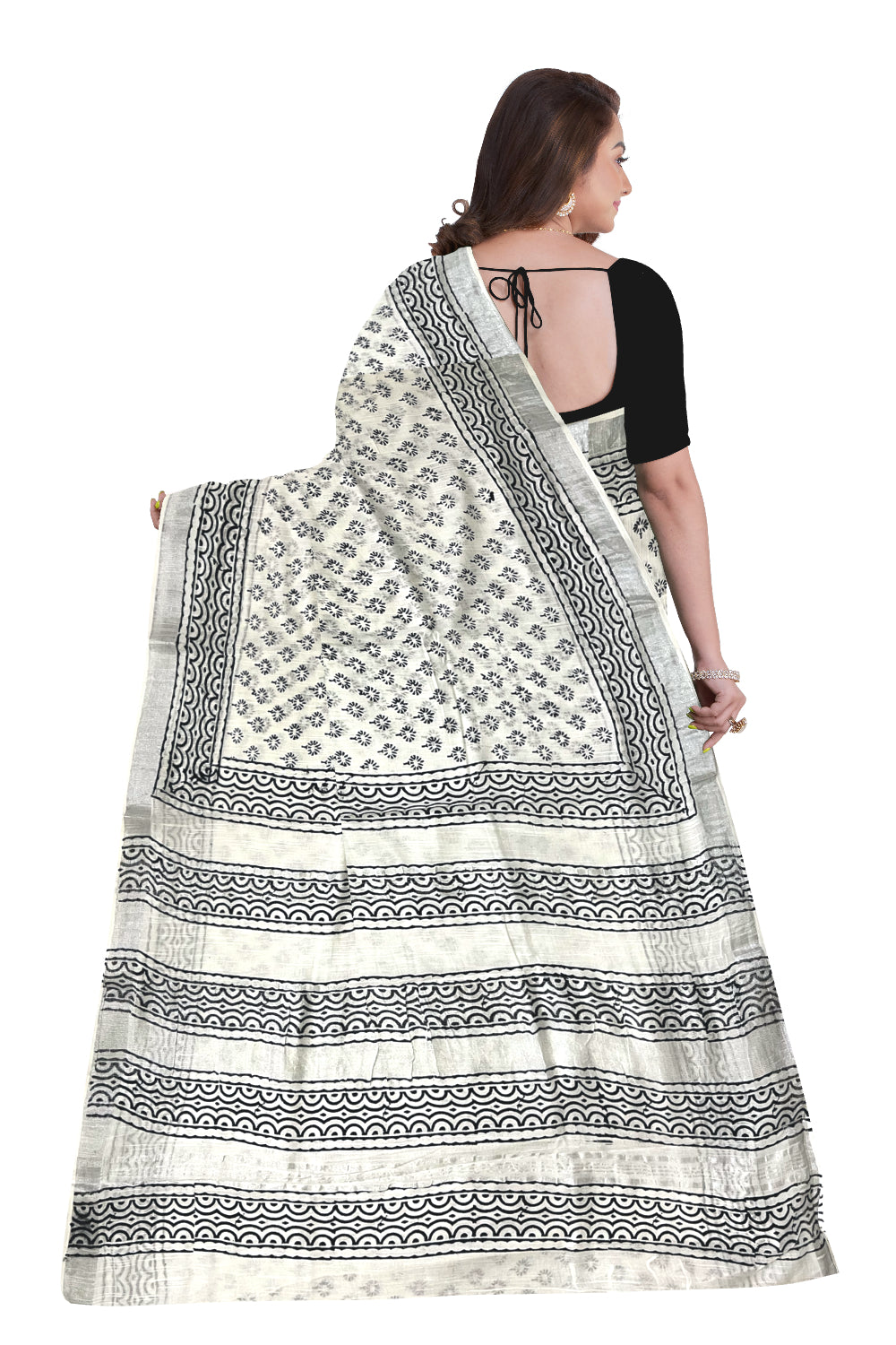 Southloom Linen Pure White Designer Saree with Black Prints and Tassels