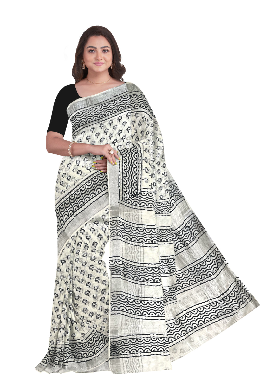 Southloom Linen Pure White Designer Saree with Black Prints and Tassels