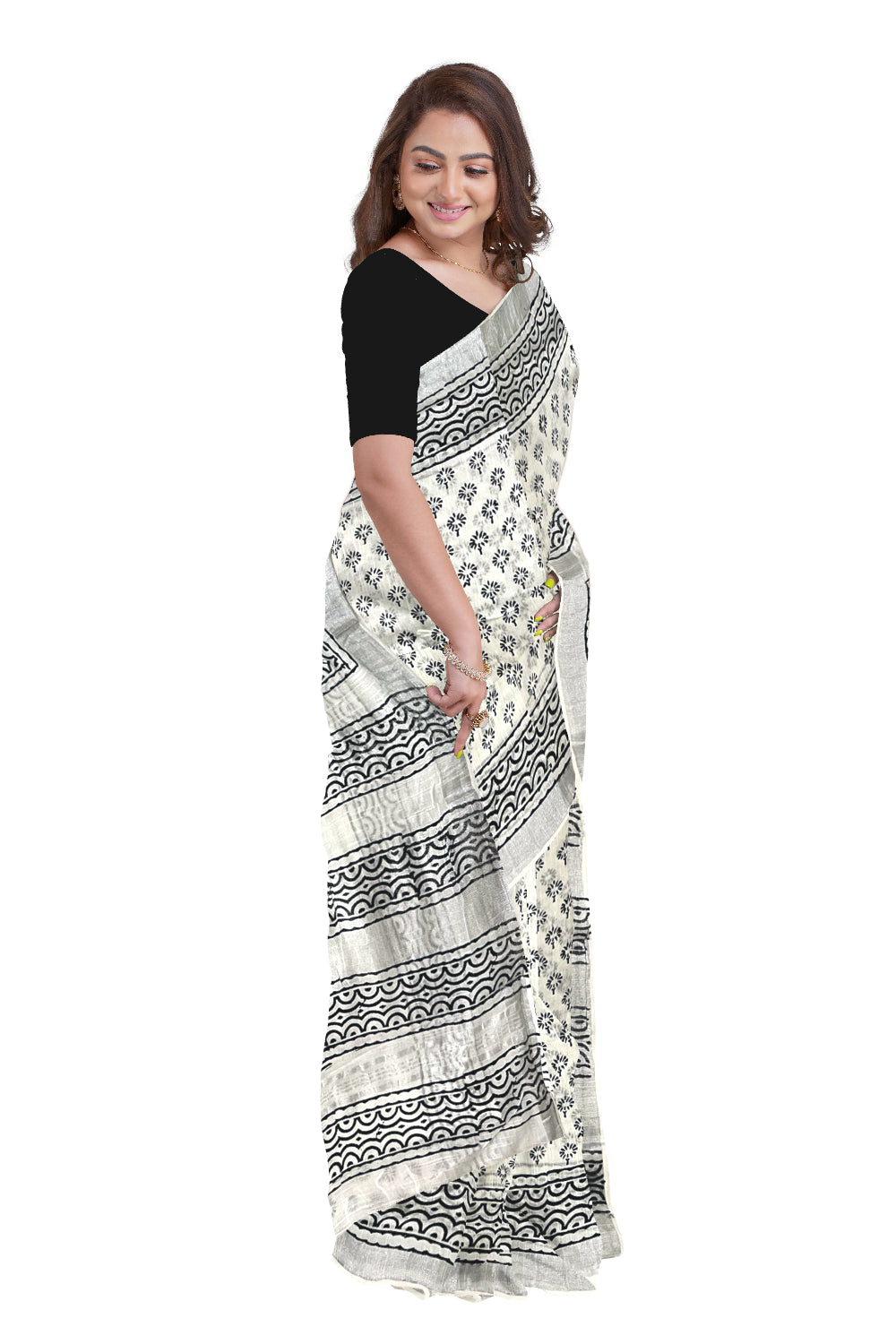 Southloom Linen Pure White Designer Saree with Black Prints and Tassels