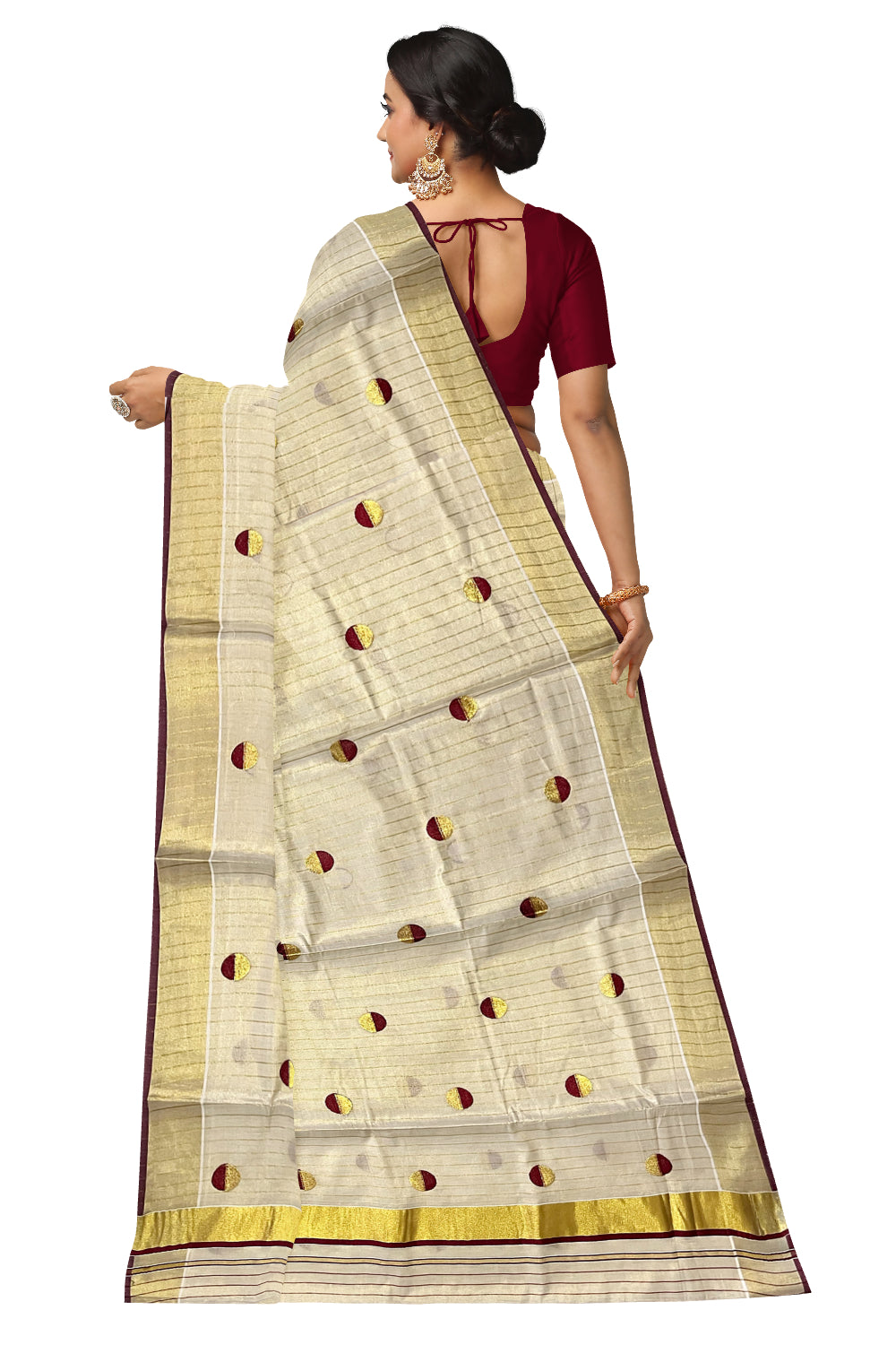 Kerala Tissue Kasavu Saree with Kasavu Lines Across Body and Maroon Semi Polka Woven Designs