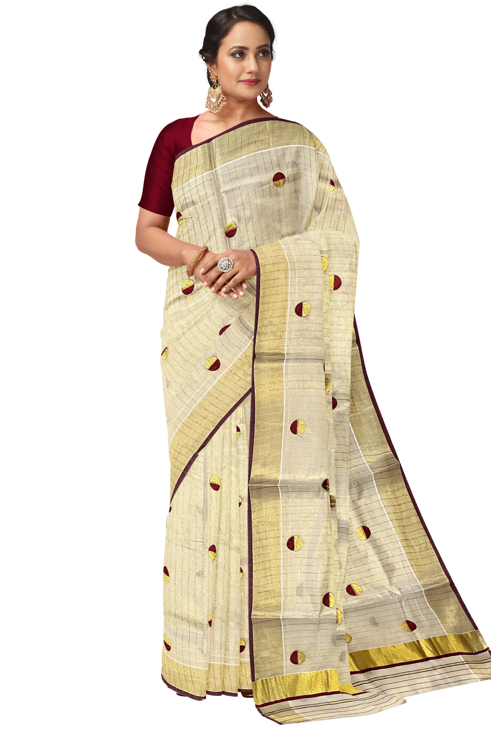 Kerala Tissue Kasavu Saree with Kasavu Lines Across Body and Maroon Semi Polka Woven Designs