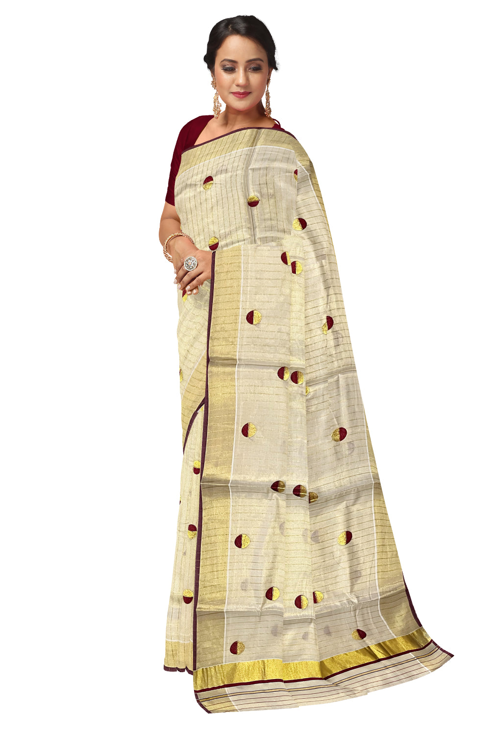 Kerala Tissue Kasavu Saree with Kasavu Lines Across Body and Maroon Semi Polka Woven Designs