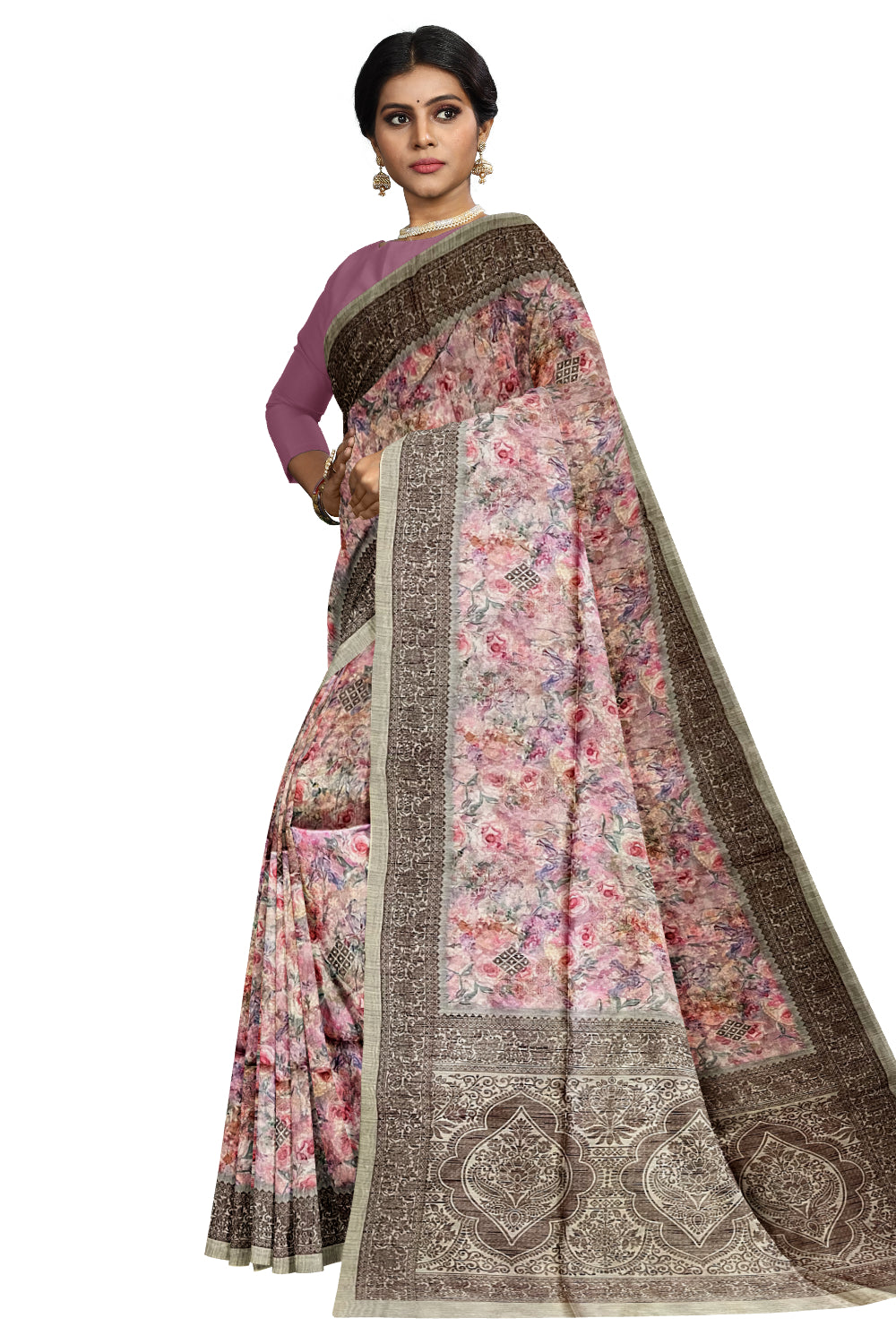 Southloom Semi Tussar Pink Floral Designer Saree with Brown Woven Border