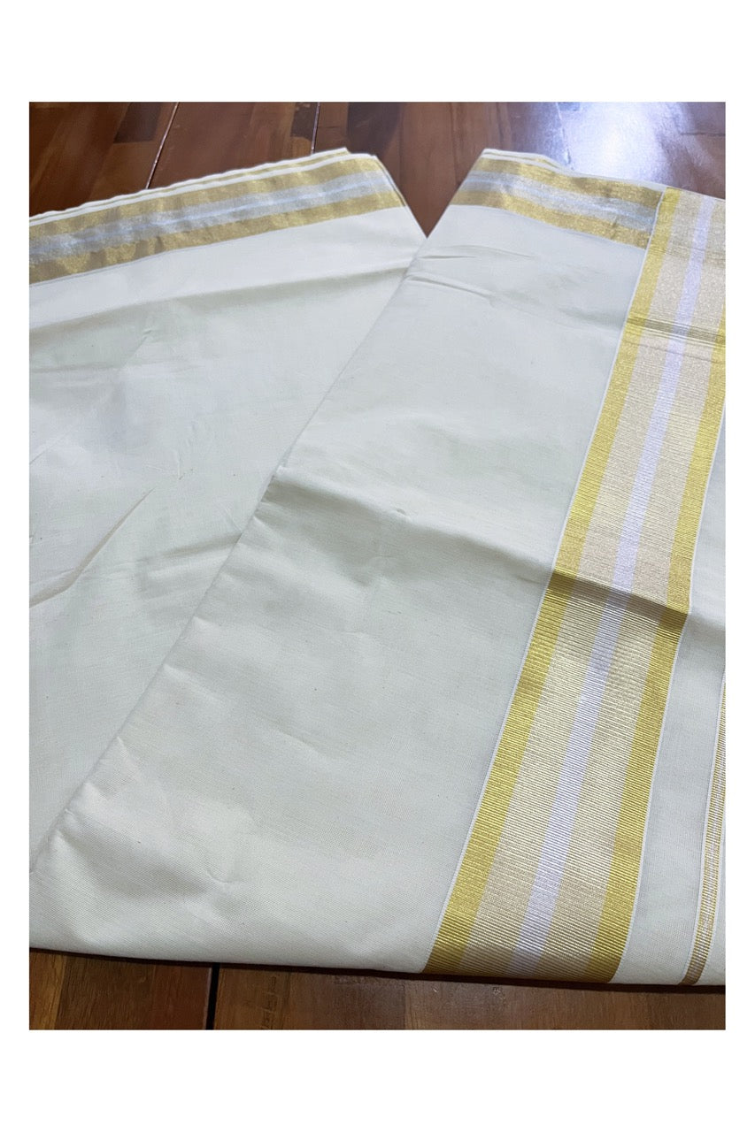 Pure Cotton Kerala Saree with 3 inch Golden and Silver Kasavu Border
