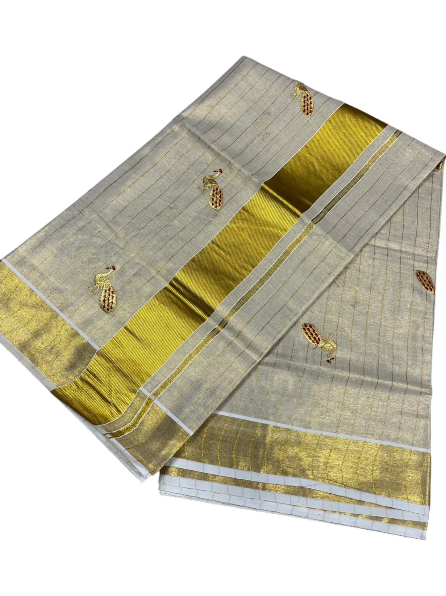 Southloom Tissue Kerala Kasavu Lines Saree with Peacock Embroidery Work on Body in Maroon