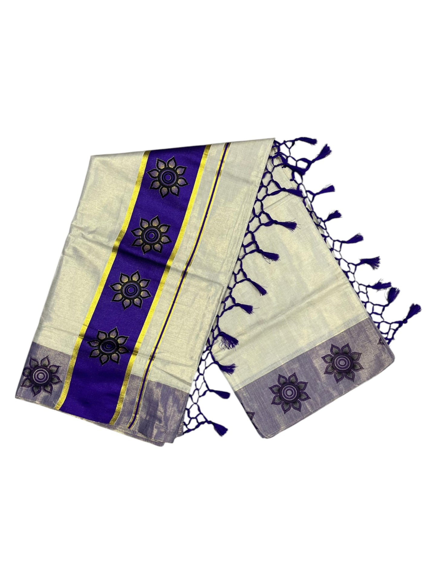 Southloom Kerala Tissue Kasavu Saree with Floral Block Prints in Blue Border