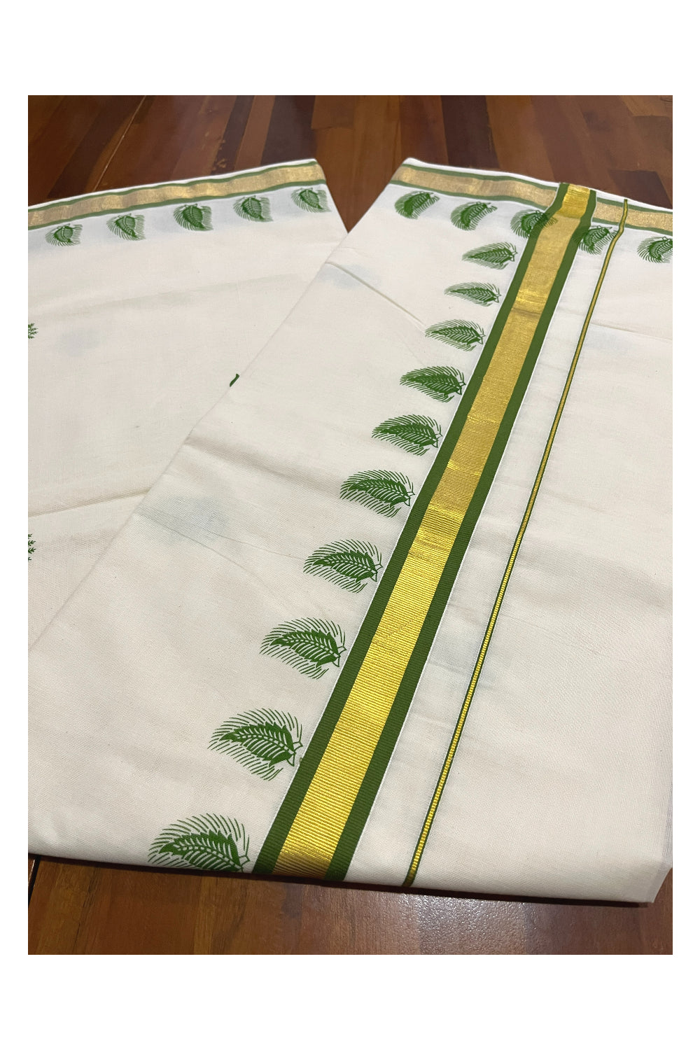 Pure Cotton Kerala Kasavu Saree with Green Floral Block Printed Design