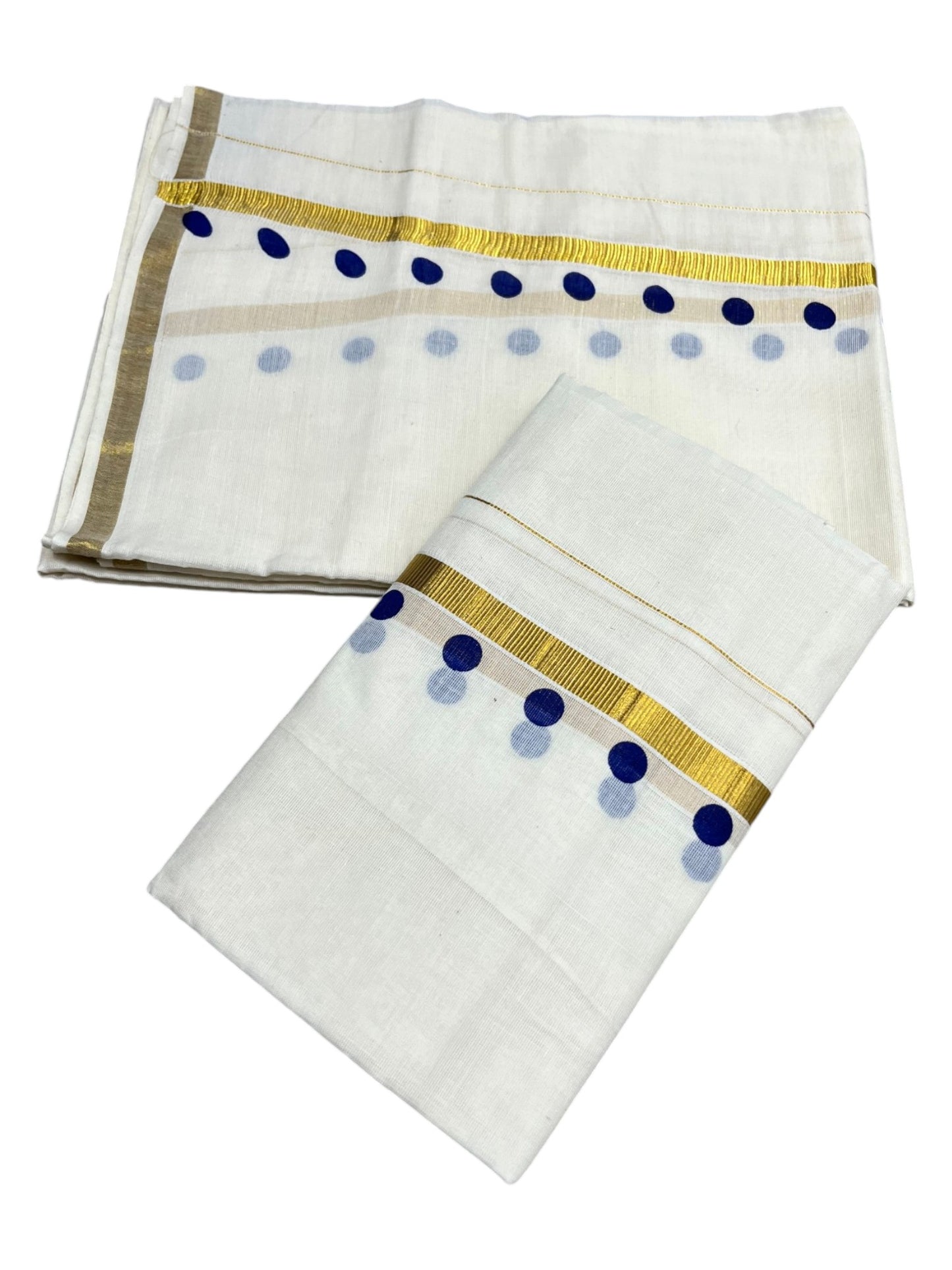 Southloom Pure Cotton Kerala Single Set Mundu (Mundum Neriyathum) with Polka Dots in Blue 2.80 Mtrs