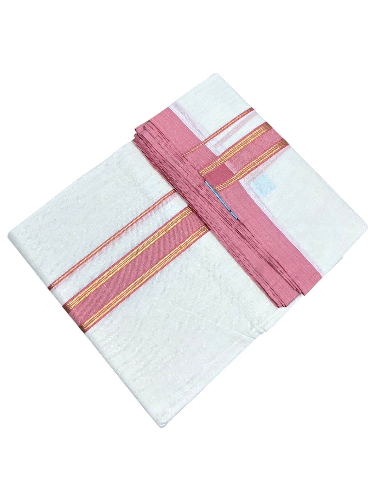Southloom Pure Cotton Mundu with Gold Lines and Brike Red Border (South Indian Kerala Dhoti)