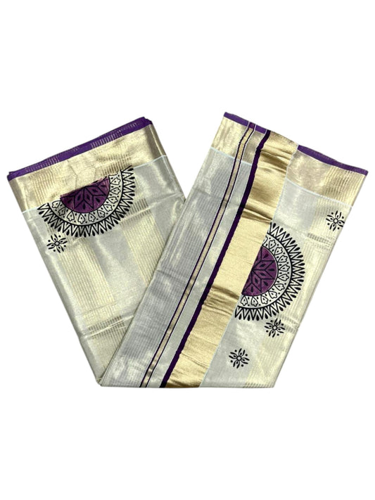 Southloom Tissue Kerala Kasavu Saree with Block Print on Body and Borders in Purple