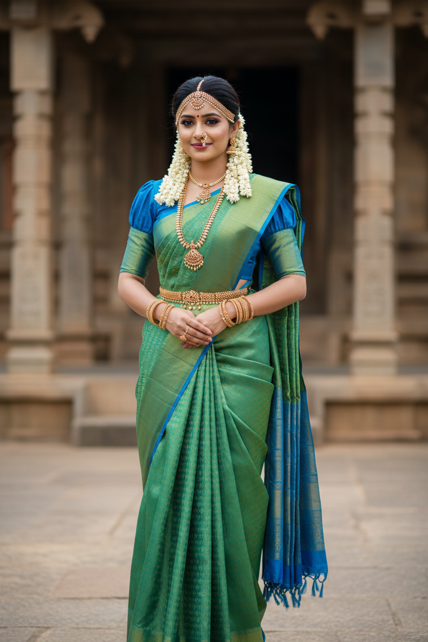 Southloom Pure Handloom Bridal Kanchipuram Silk Saree with Korvai Work (Green& Blue)