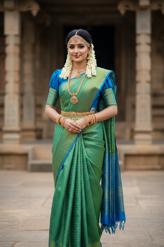 Southloom Pure Handloom Bridal Kanchipuram Silk Saree with Korvai Work (Green& Blue)