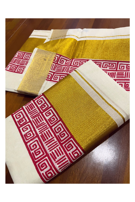 Pure Cotton Kerala Single Set Mundu (Mundum Neriyathum) with Red Block Printed Kasavu Border