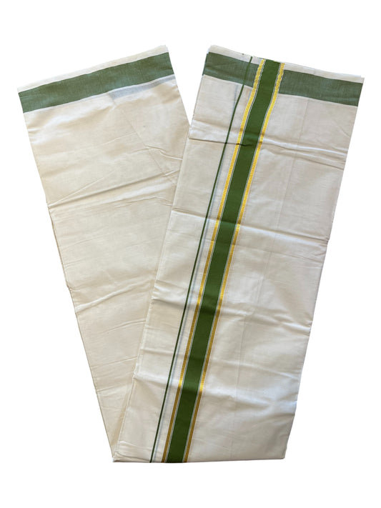 Southloom Pure Cotton Mundu with Gold Kasavu and OliveGreen Colour Border (South Indian Kerala Dhoti)