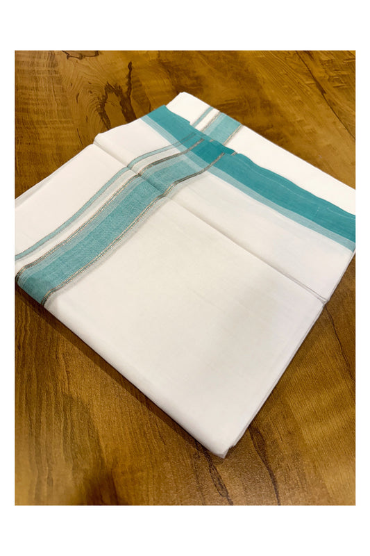 Pure White Cotton Double Mundu with Green and Silver Kasavu Border (South Indian Kerala Dhoti)