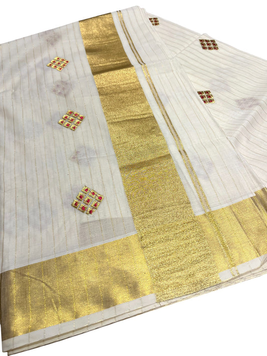 Kerala Cotton Kasavu Stripes Saree with Floral Embroidery Design on Body