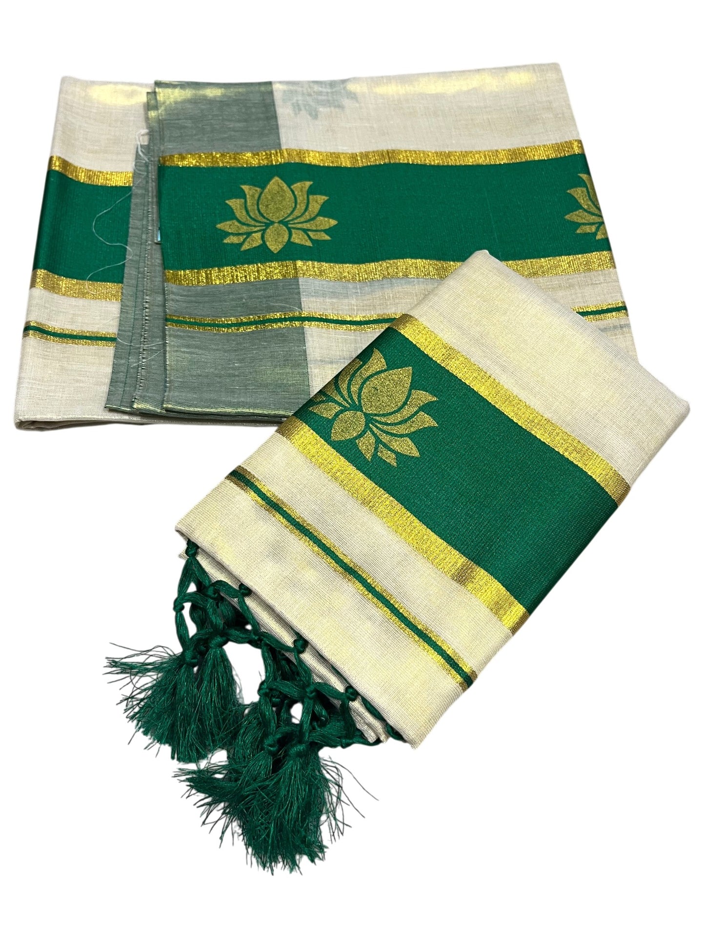 Southloom Kerala Cotton Kasavu Single Set Mundu (Mundum Neriyathum) with Lotus Design in Green