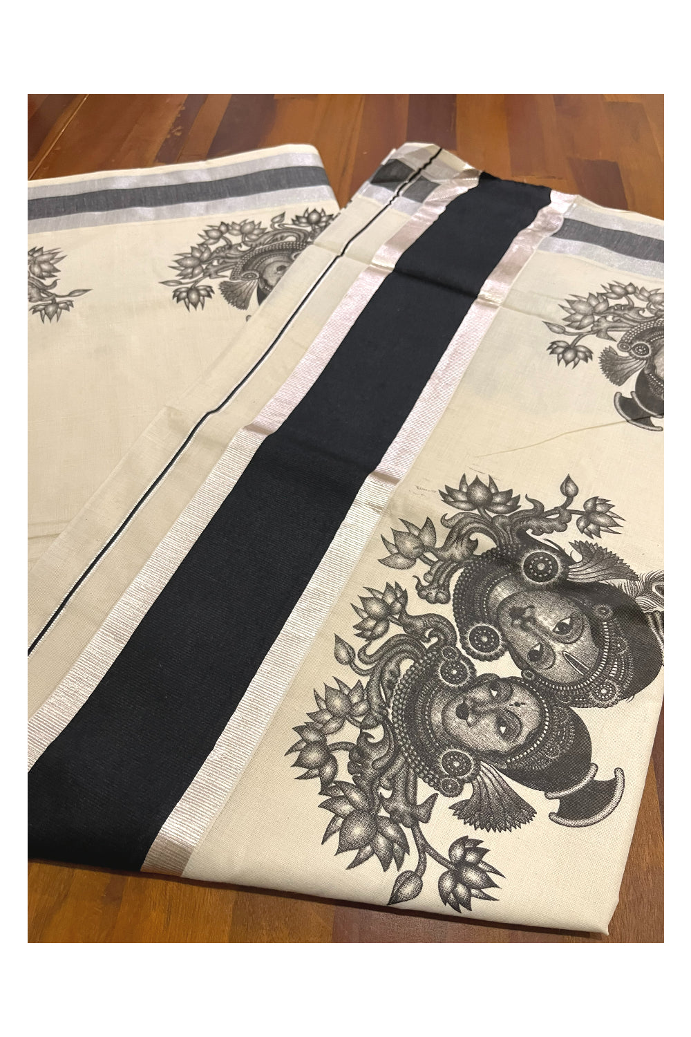 Pure Cotton Kerala Silver Kasavu Saree with Krishna Radha Face Mural Prints and Black Border (Onam Saree 2023)