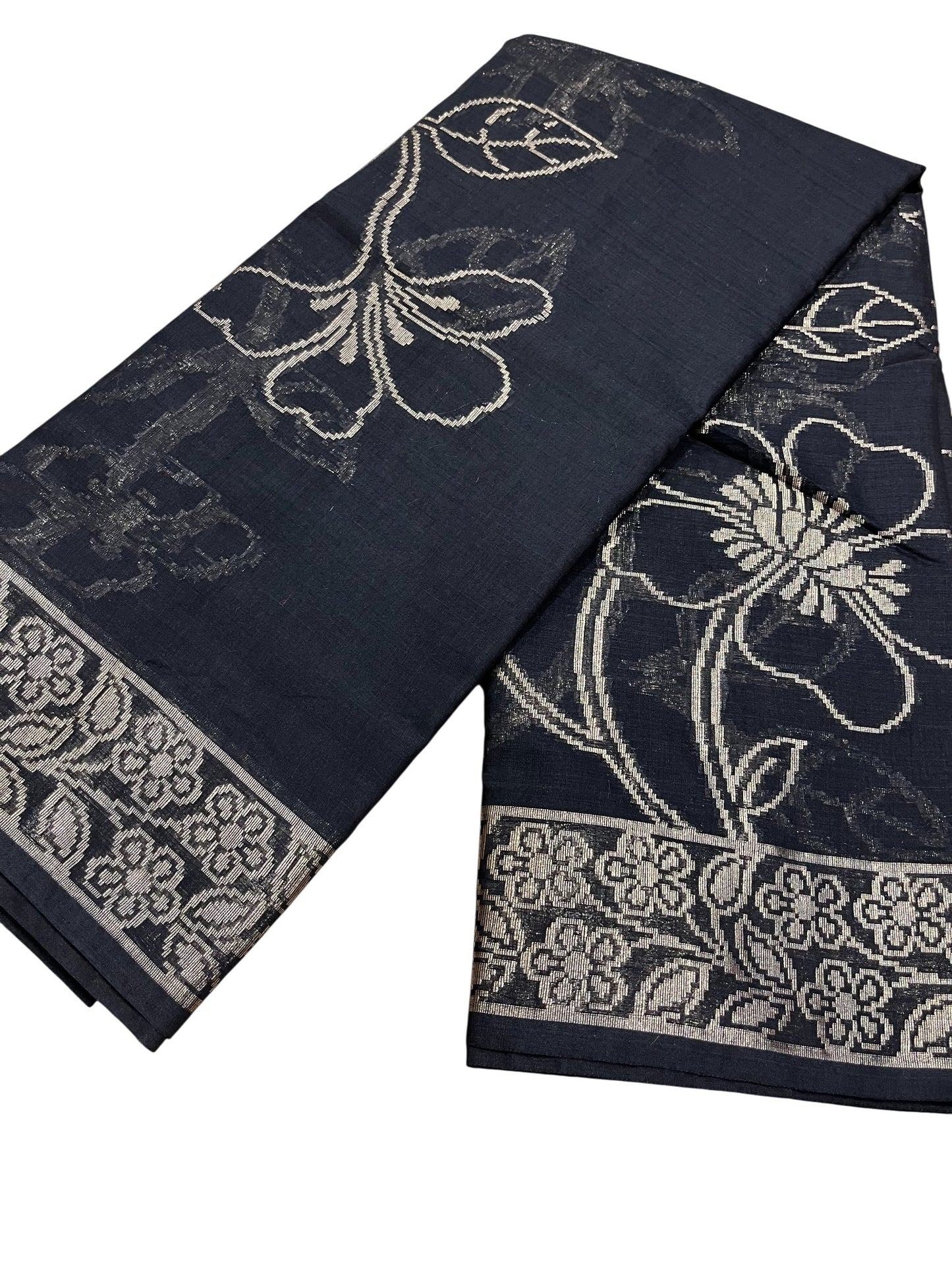 Southloom Kerala Cotton Saree with Floral Woven Works Across Body in Black