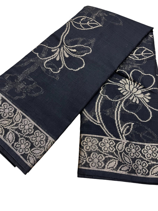 Southloom Kerala Cotton Saree with Floral Woven Works Across Body in Black
