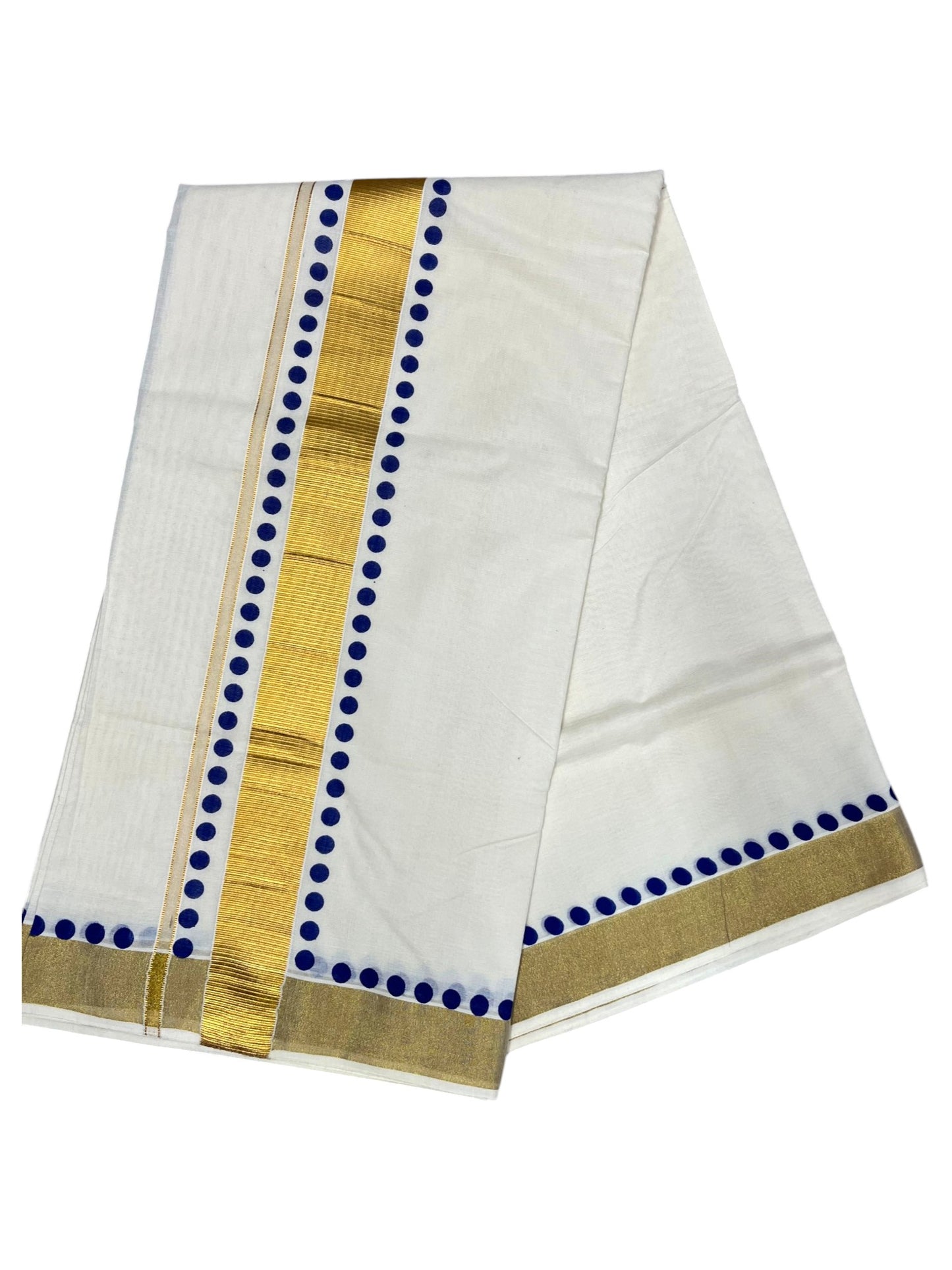 Southloom Cotton Kerala Kasavu Saree with Blue Polk Dots Design Border