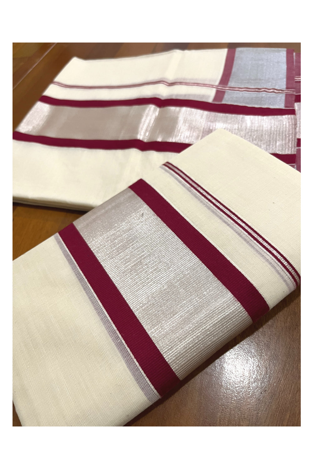 Kerala Cotton Mundum Neriyathum Single (Set Mundu) with Silver Kasavu and Maroon Border 2.80 Mtrs