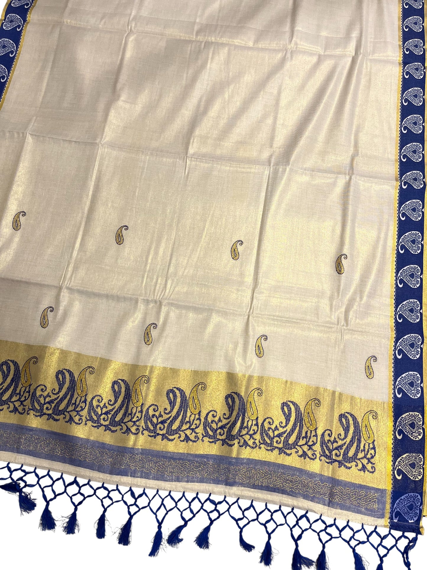 Southloom Kerala Tissue Kasavu Plain Saree with Blue Floral Embroidery Works