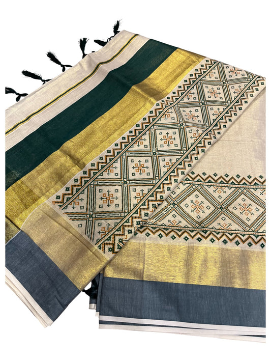 Southloom Kerala Tissue Kasavu Saree Green Hand Printed