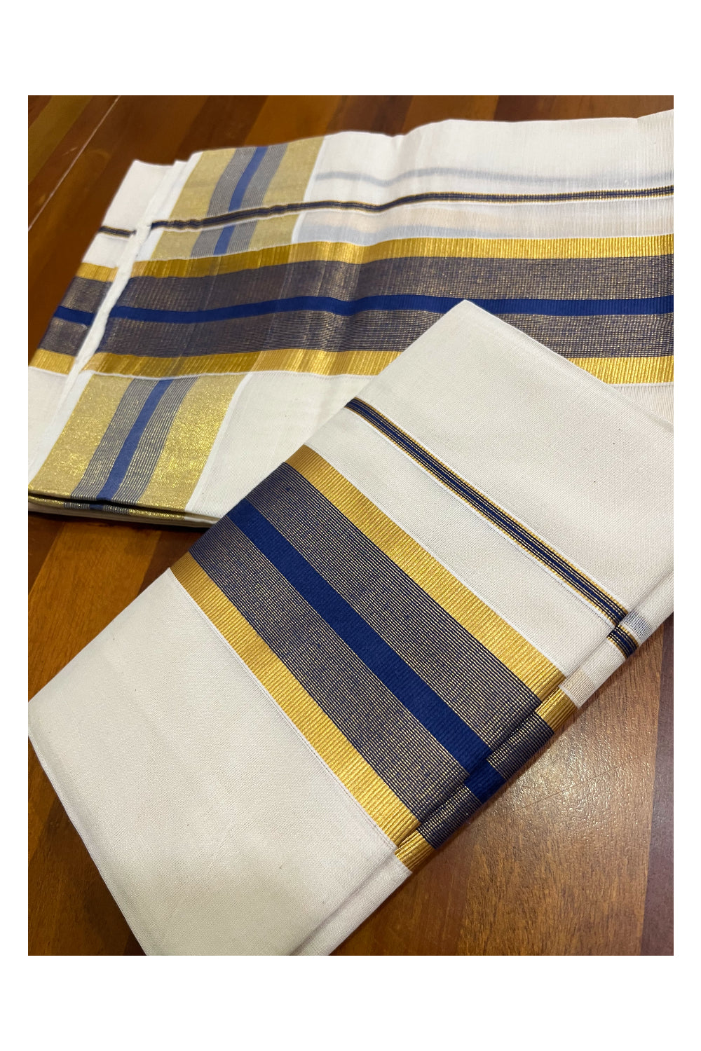 Kerala Cotton Set Mundu (Mundum Neriyathum) with Blue and Kasavu Border 2.80 Mtrs