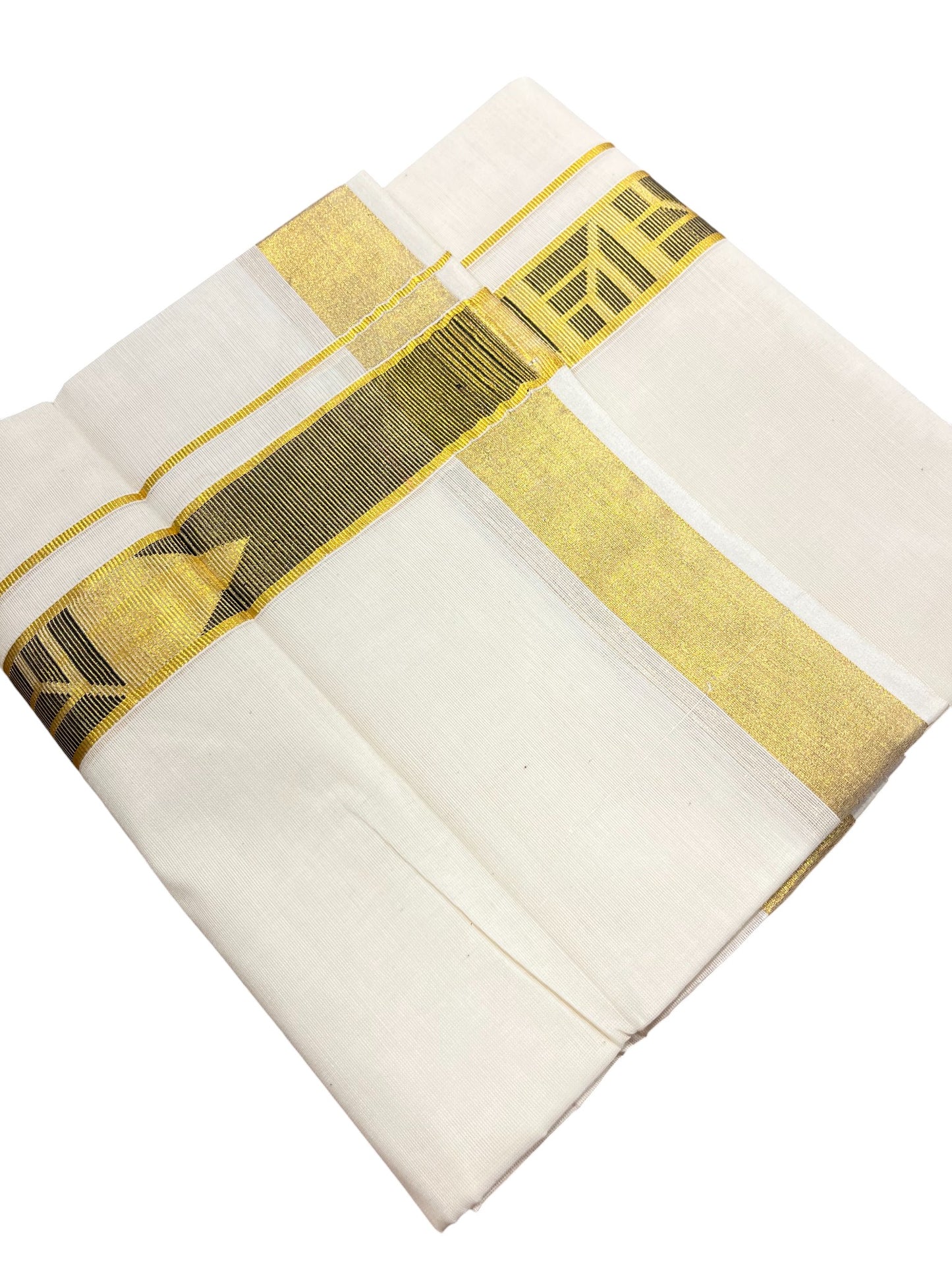 Southloom Kasavu Double Mundu with Black Prints Along Kasavu Kara