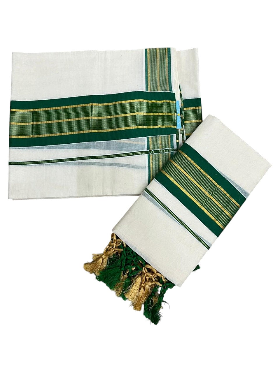 Southloom Kerala Cotton Kasavu Single Set Mundu (Mundum Neriyathum) with Green and Gold Kasavu Lines .SLKK SL518