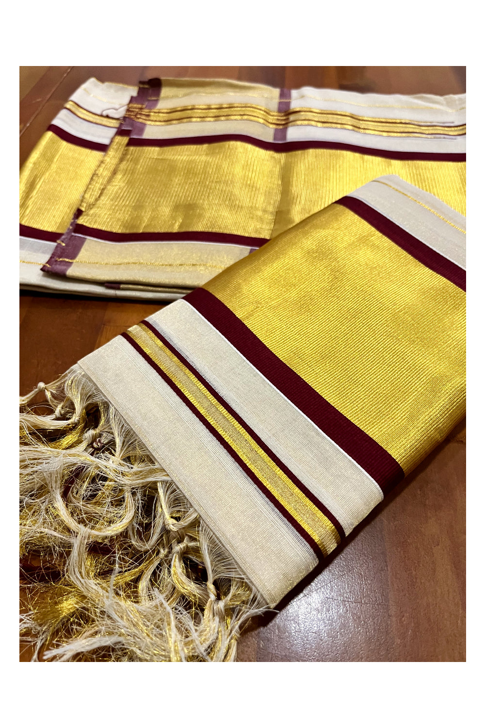 Southloom Handloom Premium Tissue Kasavu Set Mundu (Mundum Neriyathum) with Maroon Border