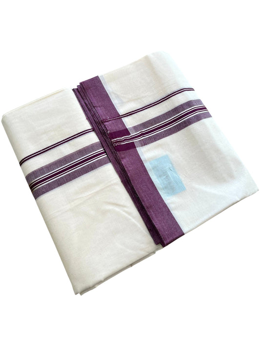 Southloom Pure Cotton Mundu with Silver Lines and Purple Border (South Indian Kerala Dhoti)